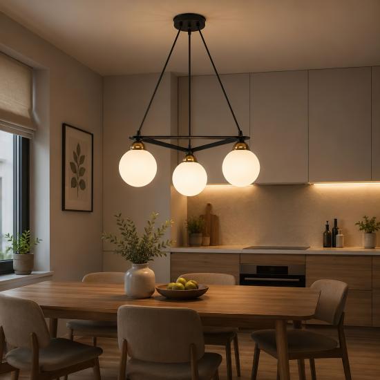 Люстра подвесная MSK Electric Luna на три стеклянных плафона шара под лампы Е27 PL 102026-3 BK